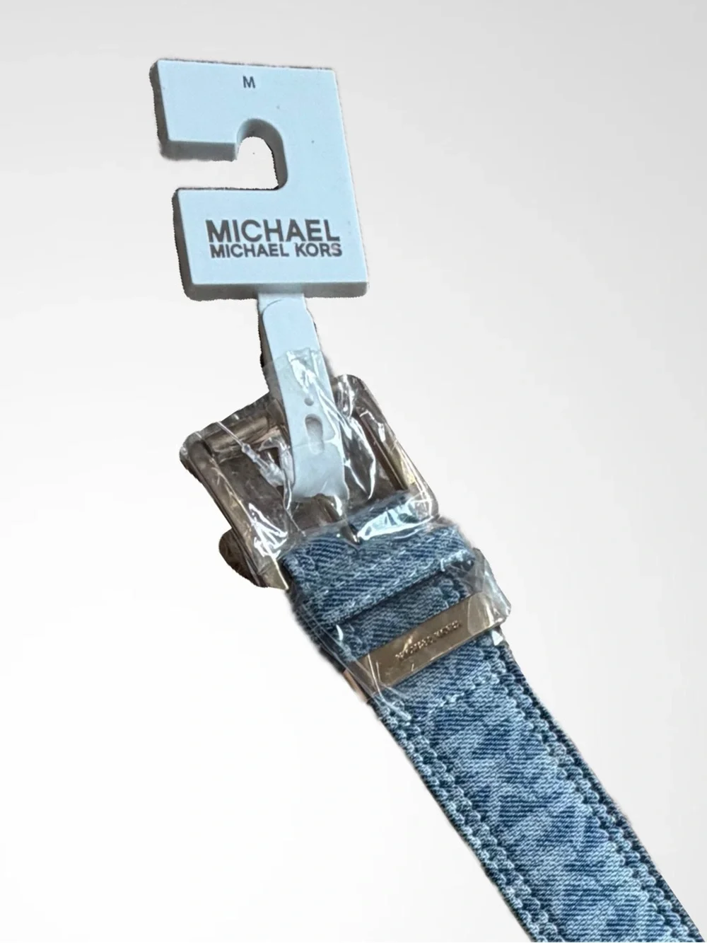 Michael Kors Men's Denim Blue MK Logo Belt with Gold Hardware M 40”